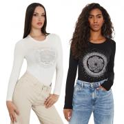 GUESS T-SHIRT MAGLIA MAGLIETTA DONNA LOGO FRONTALE STRASS ARGENTO W4YI75J1314