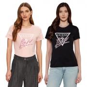 GUESS T-SHIRT MAGLIA MAGLIETTA DONNA LOGO FRONTALE TRIANGOLO STRASS W5GI05I3Z14