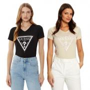 GUESS T-SHIRT MAGLIA SCOLLO A V DONNA LOGO FRONTALE TRIANGOLO STRASS W5RI21J1314