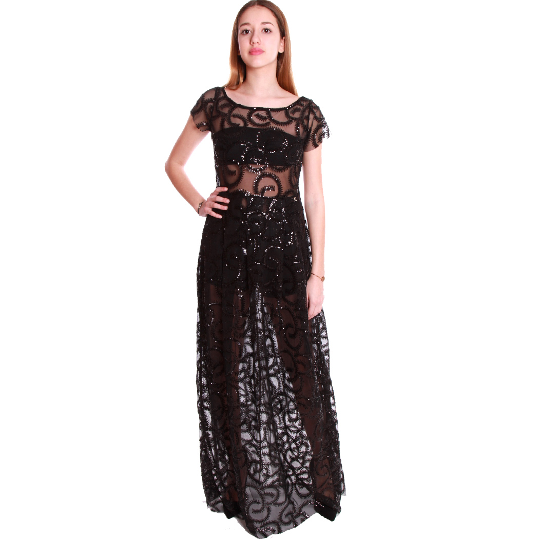 18255 - abito, donna, gonna, pantalone, vestito, coconuda, pierre cardin,  lungo, corto, - eliosjeans - COCONUDA ABITO LUNGO TUBINO IN TULLE  PAILLETTES ELEGANTE NERO DRESS EVENTO 18255