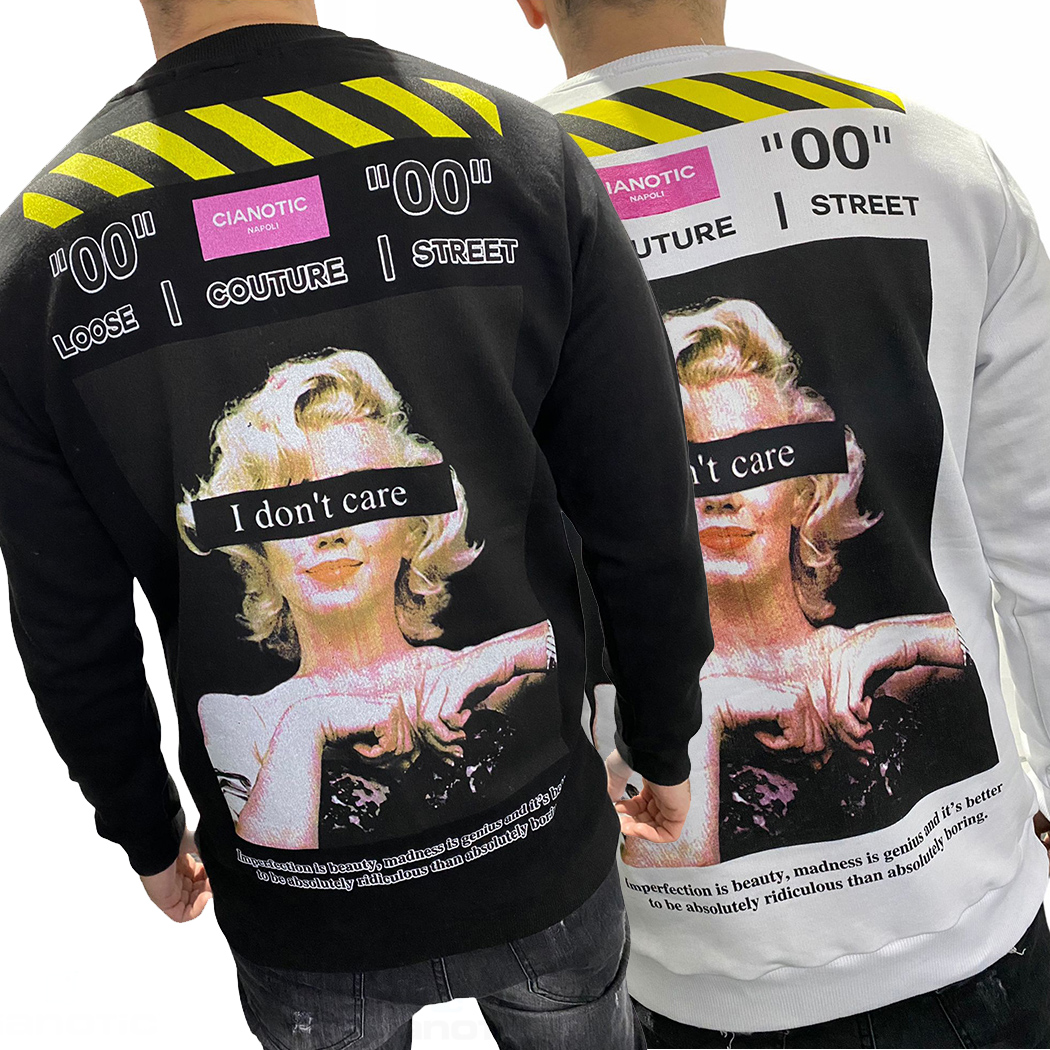 CIANOTIC FELPA GARZATA GIROCOLLO UOMO SPORT STAMPA POSTERIORE STREETWEAR 21010