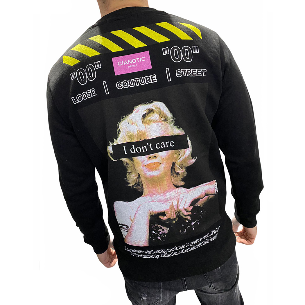 CIANOTIC FELPA GARZATA GIROCOLLO UOMO SPORT STAMPA POSTERIORE STREETWEAR 21010