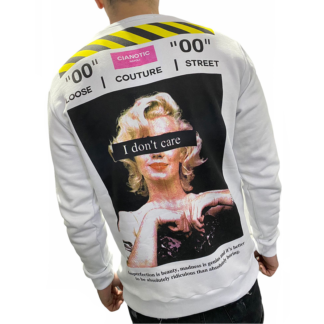 CIANOTIC FELPA GARZATA GIROCOLLO UOMO SPORT STAMPA POSTERIORE STREETWEAR 21010