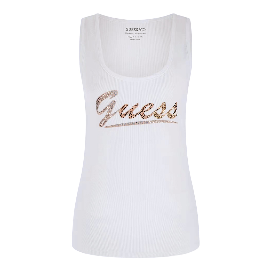 GUESS CANOTTA DONNA LOGO FRONTALE STRASS MAGLIA TOP COSTE T-SHIRT W4GP16K1814
