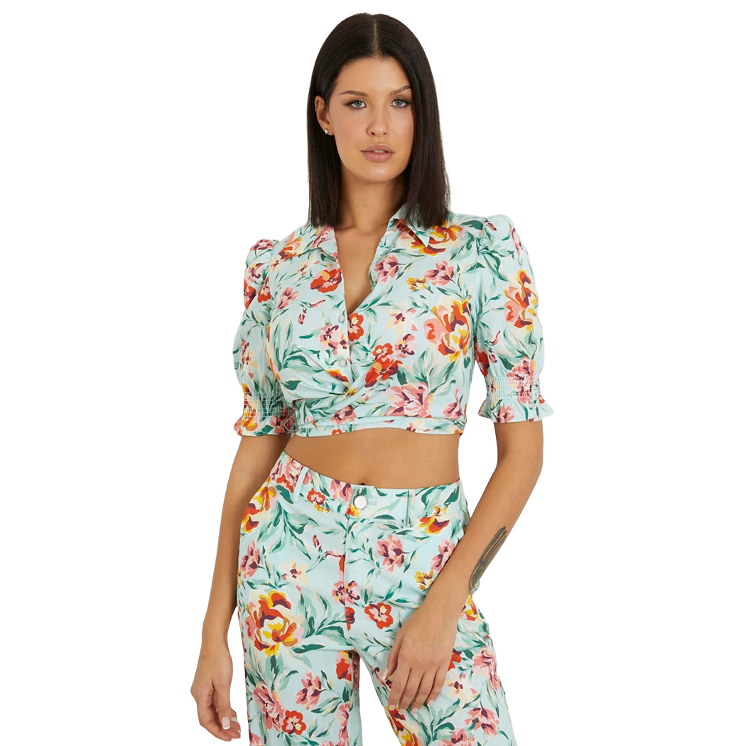 GUESS CAMICIA DONNA CON FIOCCO T-SHIRT BLOUSE NODO COTONE FANTASIA W4GH42WG4G0