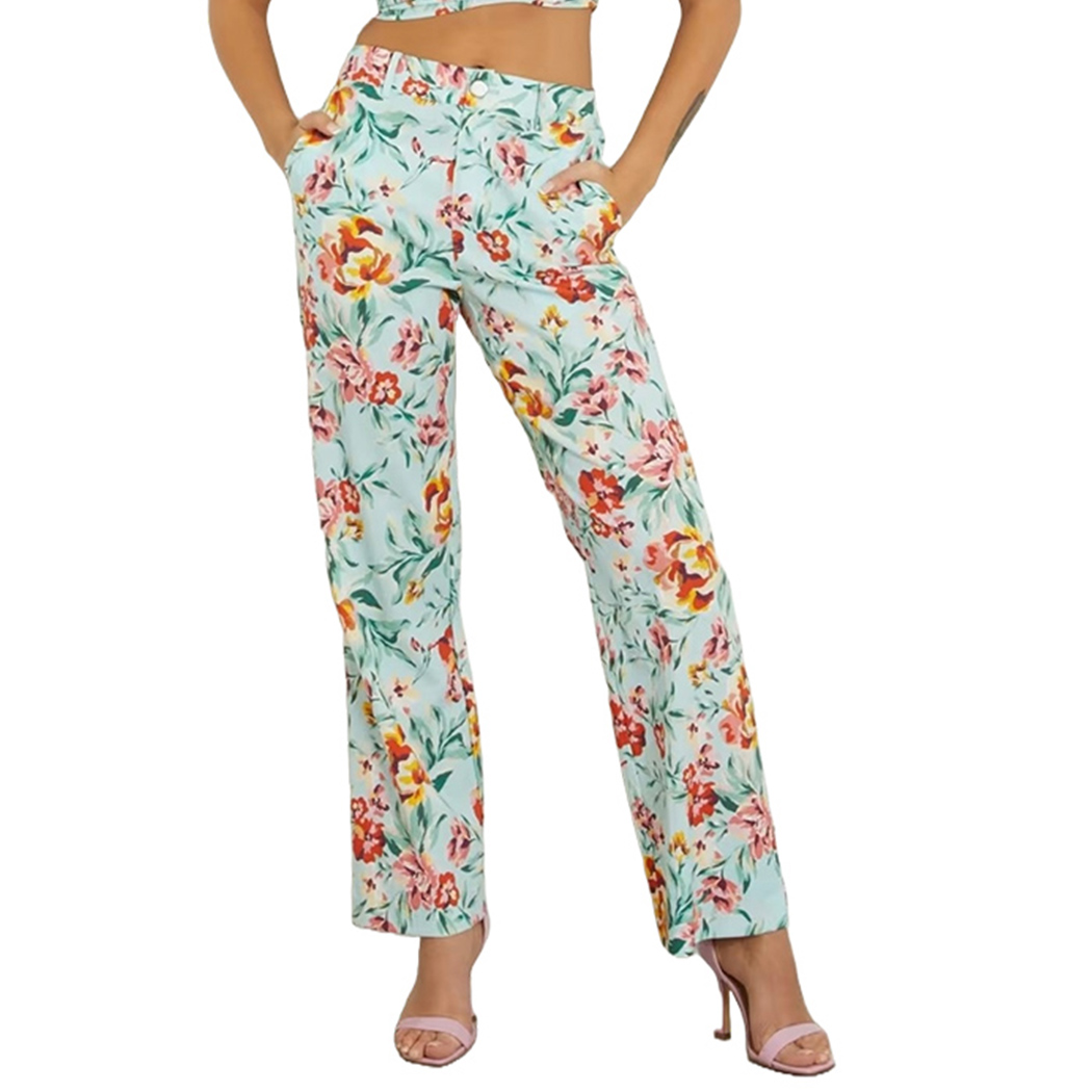 GUESS PANTALONI DONNA VISCOSA FIORI FLOREALE RELAXED STRETCH W4GB30WG4G0