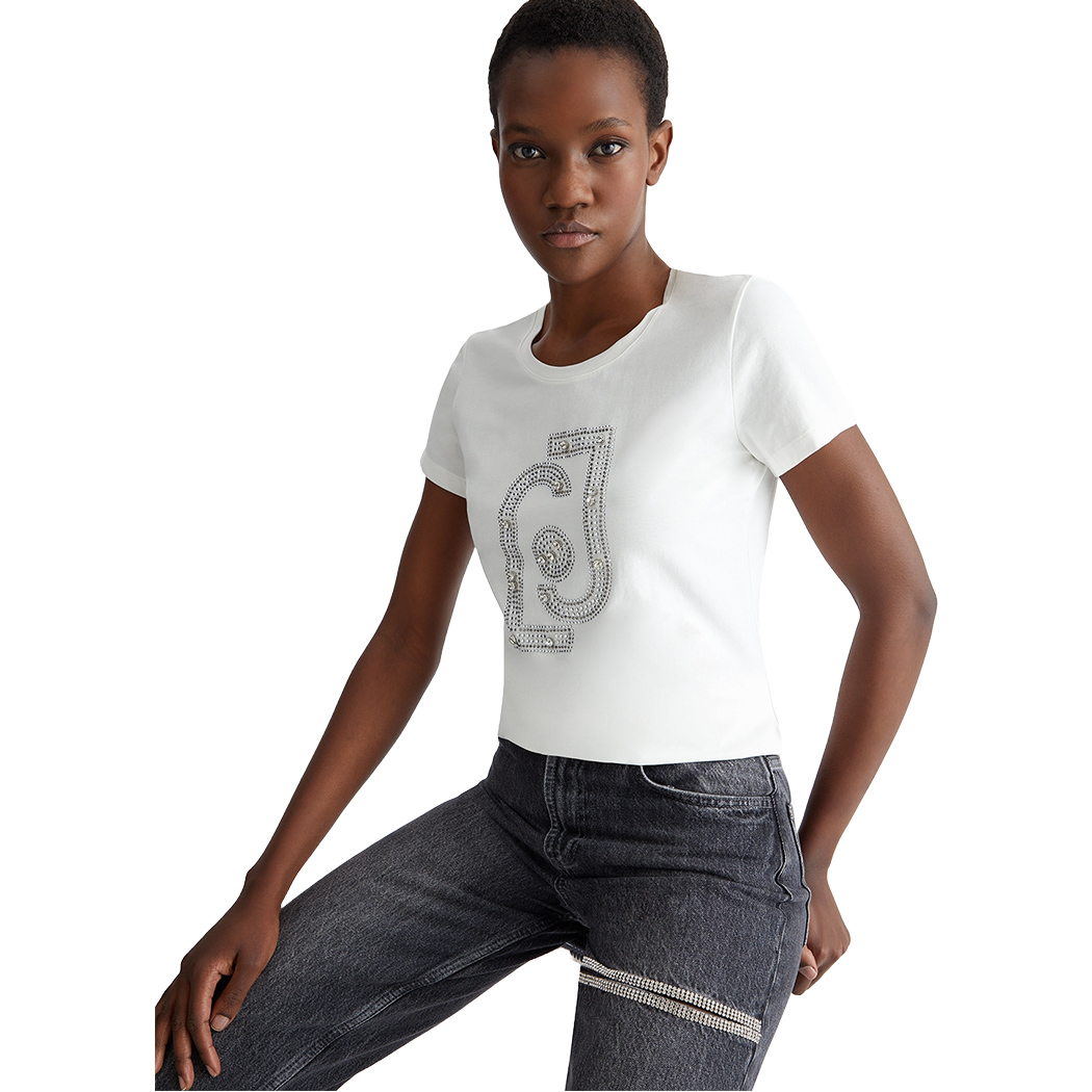 LIU JO T-SHIRT DONNA RAGAZZA MAGLIA LOGO STRASS MAGLIETTA COTONE WA4017J5003