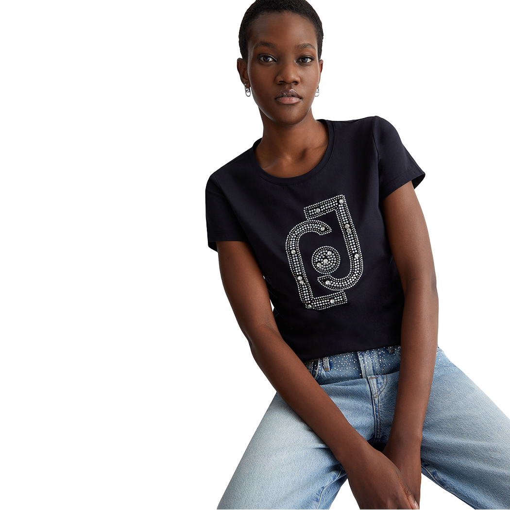LIU JO T-SHIRT DONNA RAGAZZA MAGLIA LOGO STRASS MAGLIETTA COTONE WA4017J5003