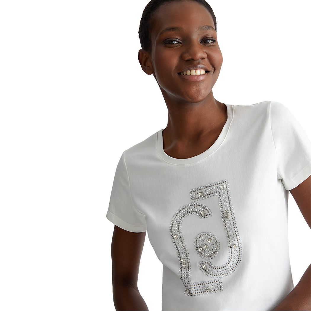 LIU JO T-SHIRT DONNA RAGAZZA MAGLIA LOGO STRASS MAGLIETTA COTONE WA4017J5003