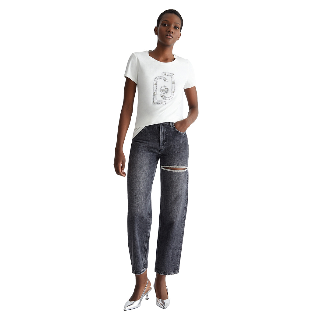 LIU JO T-SHIRT DONNA RAGAZZA MAGLIA LOGO STRASS MAGLIETTA COTONE WA4017J5003