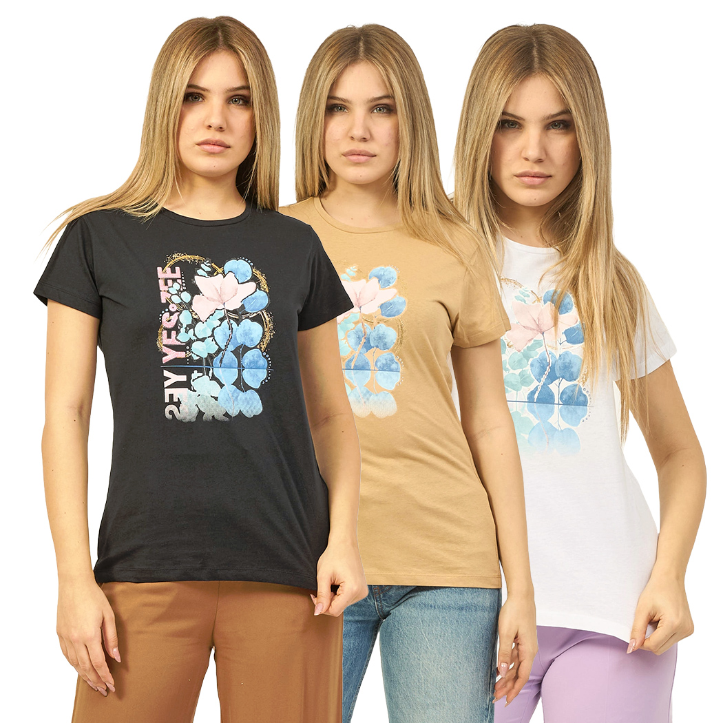 YES-ZEE T-SHIRT DONNA RAGAZZA GIRL MAGLIA LOGO MAGLIETTA COTONE FIORI T222/T901