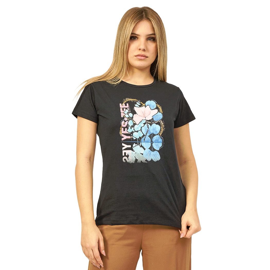 YES-ZEE T-SHIRT DONNA RAGAZZA GIRL MAGLIA LOGO MAGLIETTA COTONE FIORI T222/T901