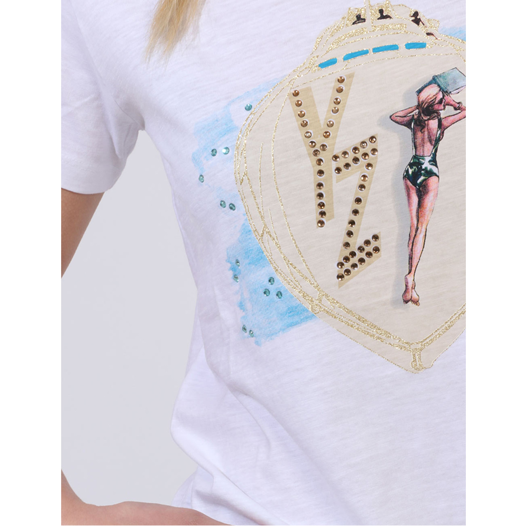 YES-ZEE T-SHIRT DONNA RAGAZZA GIRL MAGLIA LOGO MAGLIETTA COTONE STRASS T264/TL00