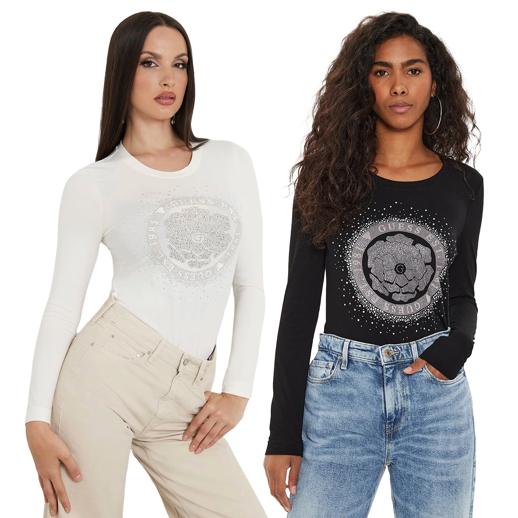 GUESS T-SHIRT MAGLIA MAGLIETTA DONNA LOGO FRONTALE STRASS ARGENTO W4YI75J1314