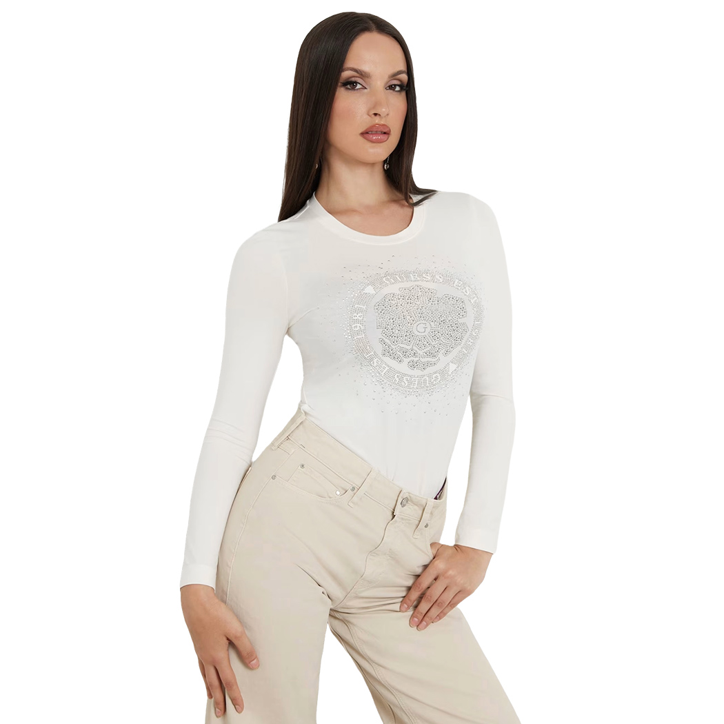 GUESS T-SHIRT MAGLIA MAGLIETTA DONNA LOGO FRONTALE STRASS ARGENTO W4YI75J1314