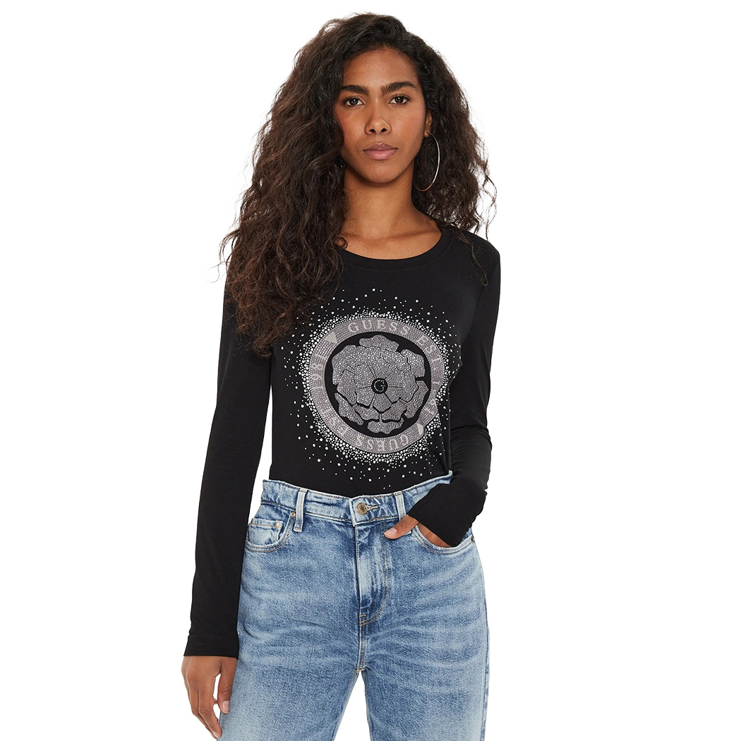 GUESS T-SHIRT MAGLIA MAGLIETTA DONNA LOGO FRONTALE STRASS ARGENTO W4YI75J1314