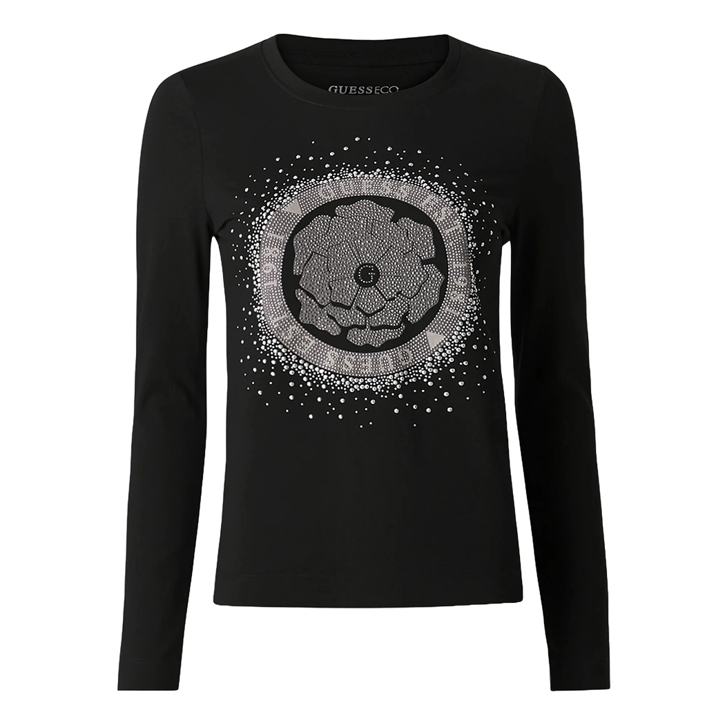 GUESS T-SHIRT MAGLIA MAGLIETTA DONNA LOGO FRONTALE STRASS ARGENTO W4YI75J1314