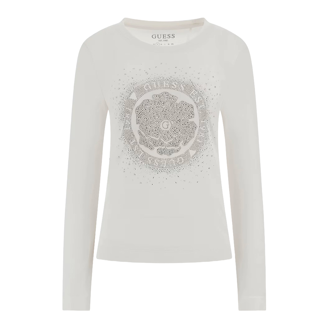 GUESS T-SHIRT MAGLIA MAGLIETTA DONNA LOGO FRONTALE STRASS ARGENTO W4YI75J1314