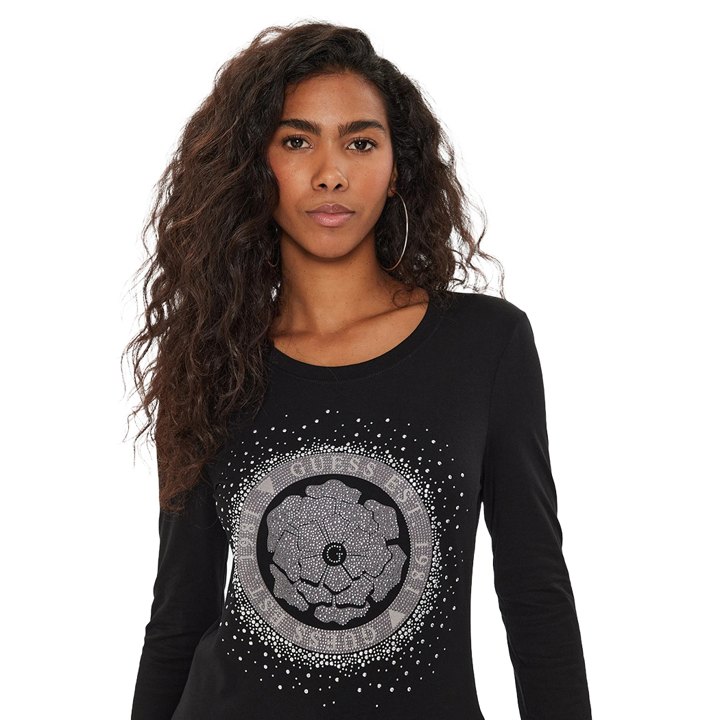 GUESS T-SHIRT MAGLIA MAGLIETTA DONNA LOGO FRONTALE STRASS ARGENTO W4YI75J1314