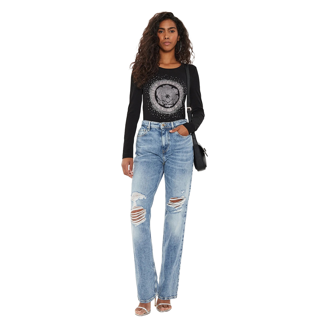 GUESS T-SHIRT MAGLIA MAGLIETTA DONNA LOGO FRONTALE STRASS ARGENTO W4YI75J1314