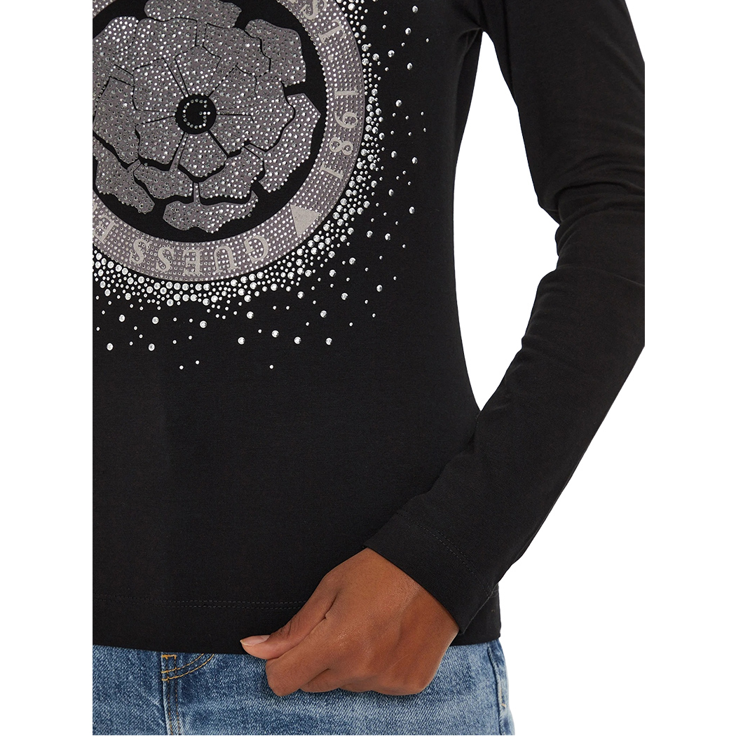 GUESS T-SHIRT MAGLIA MAGLIETTA DONNA LOGO FRONTALE STRASS ARGENTO W4YI75J1314