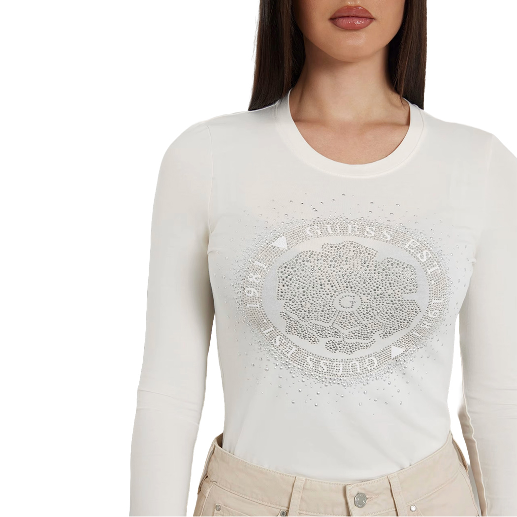 GUESS T-SHIRT MAGLIA MAGLIETTA DONNA LOGO FRONTALE STRASS ARGENTO W4YI75J1314