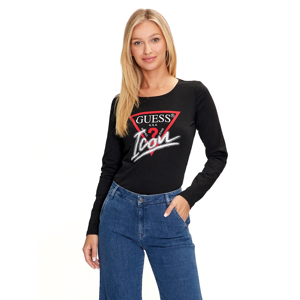 GUESS T-SHIRT MAGLIA MAGLIETTA DONNA LOGO FRONTALE STRASS ARGENTO W4YI33I3Z14