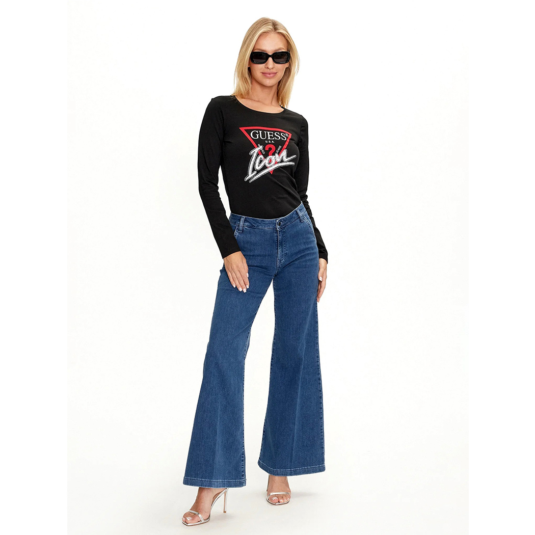 GUESS T-SHIRT MAGLIA MAGLIETTA DONNA LOGO FRONTALE STRASS ARGENTO W4YI33I3Z14