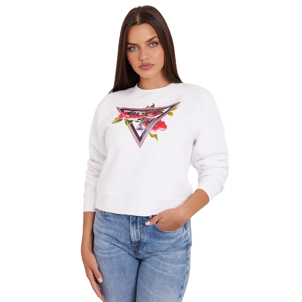 GUESS FELPA DONNA INVERNALE LOGO FRONTALE TRIANGOLO STRASS MAGLIA W4YQ26K9Z21