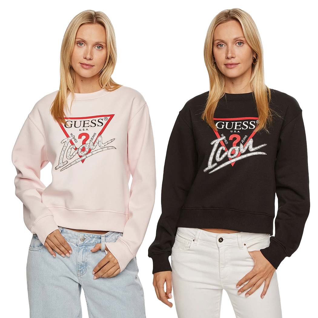 GUESS FELPA DONNA INVERNALE LOGO FRONTALE TRIANGOLO STRASS MAGLIA W4YQ25KB681