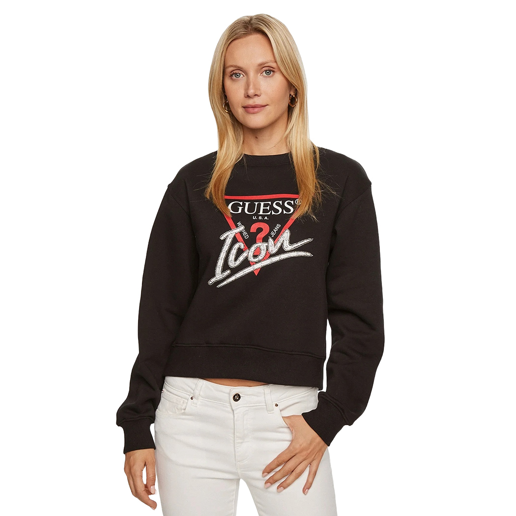 GUESS FELPA DONNA INVERNALE LOGO FRONTALE TRIANGOLO STRASS MAGLIA W4YQ25KB681