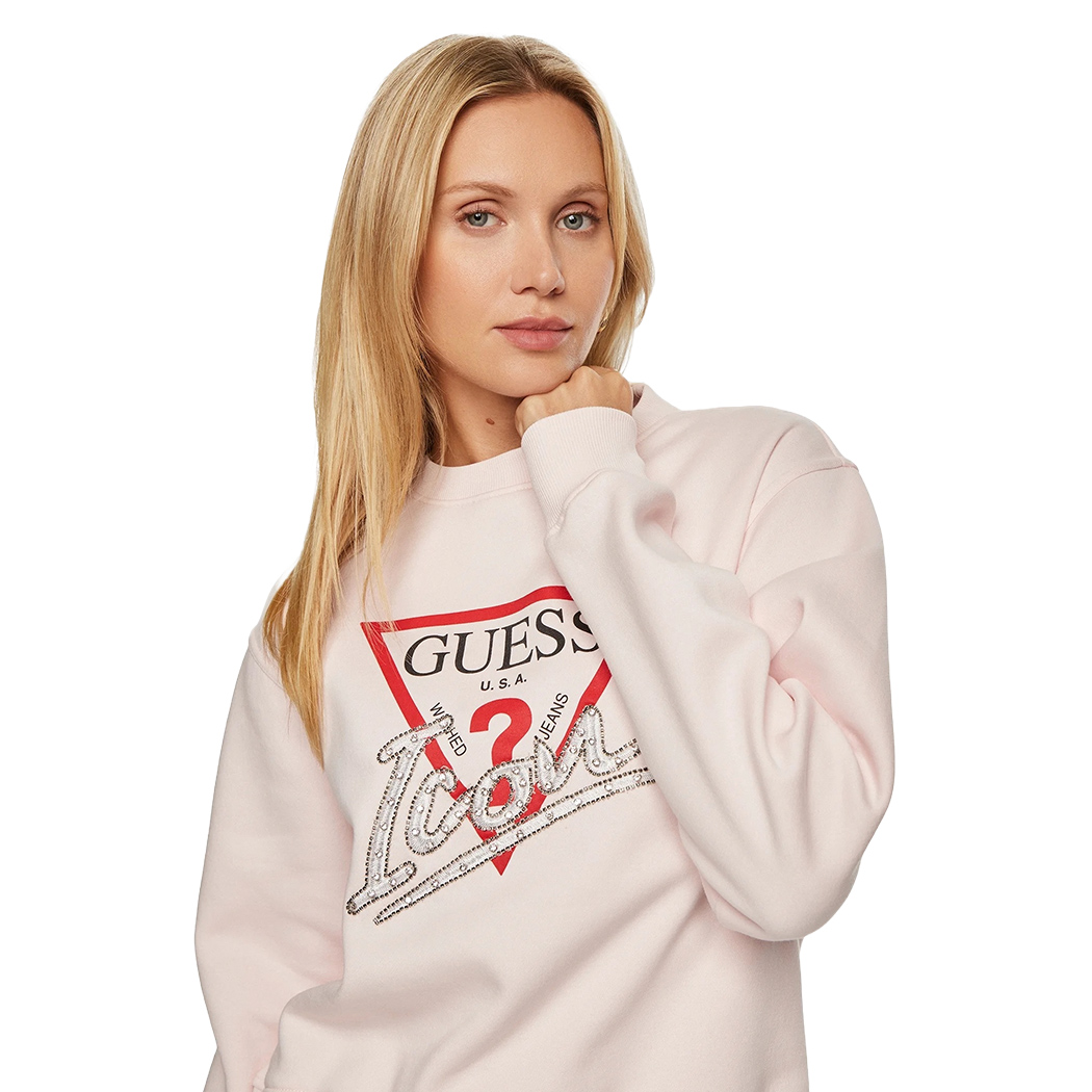 GUESS FELPA DONNA INVERNALE LOGO FRONTALE TRIANGOLO STRASS MAGLIA W4YQ25KB681