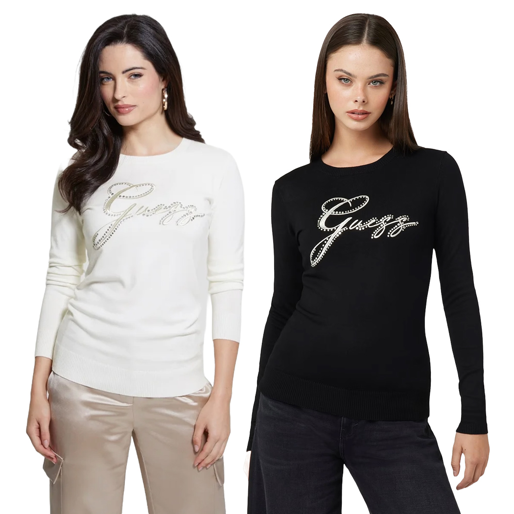 GUESS MAGLIA DONNA CON LOGO FRONTALE STRASS VISCOSA INVERNALE W4BR04Z2NQ2