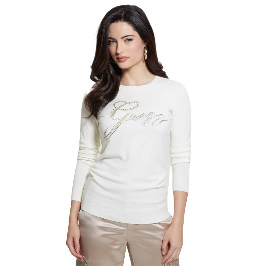 GUESS MAGLIA DONNA CON LOGO FRONTALE STRASS VISCOSA INVERNALE W4BR04Z2NQ2