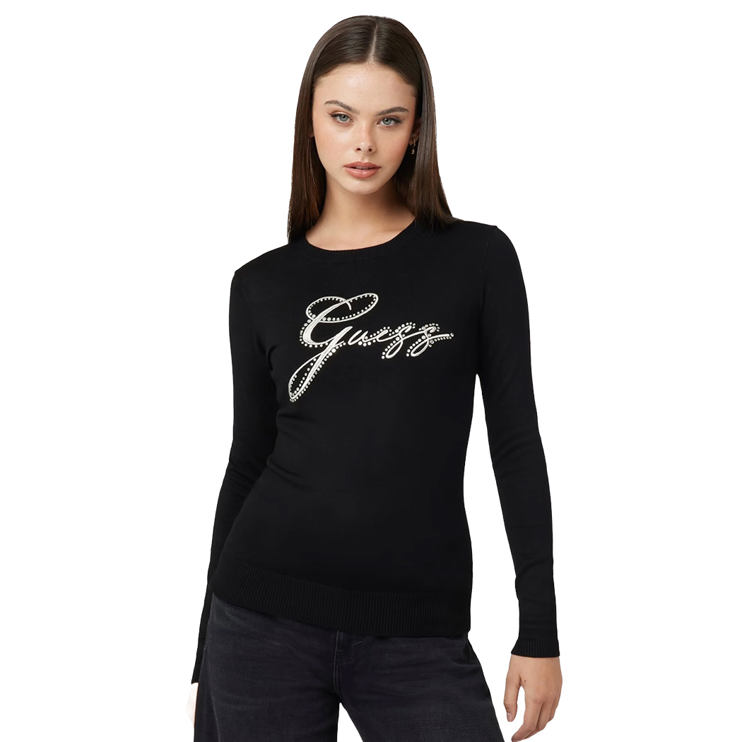 GUESS MAGLIA DONNA CON LOGO FRONTALE STRASS VISCOSA INVERNALE W4BR04Z2NQ2