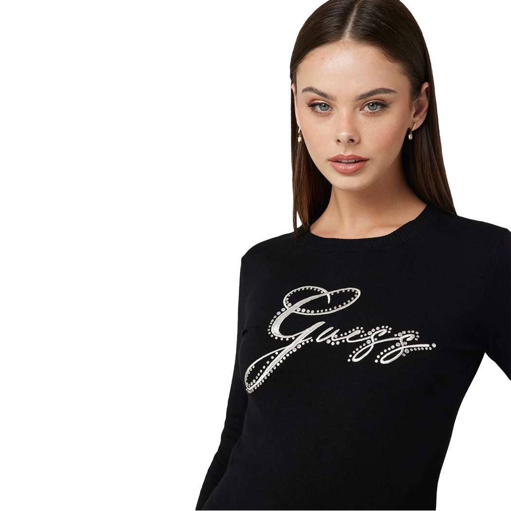 GUESS MAGLIA DONNA CON LOGO FRONTALE STRASS VISCOSA INVERNALE W4BR04Z2NQ2