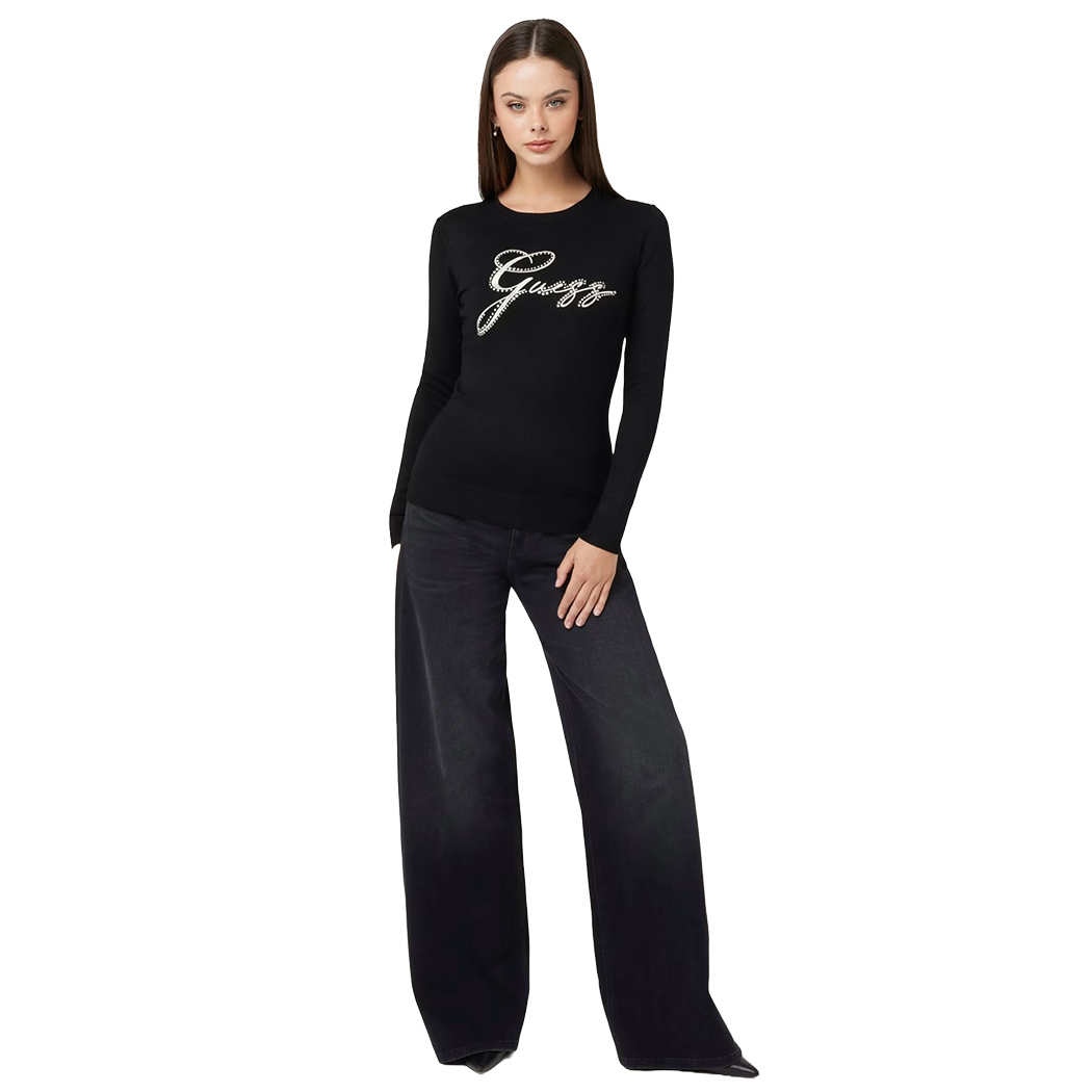GUESS MAGLIA DONNA CON LOGO FRONTALE STRASS VISCOSA INVERNALE W4BR04Z2NQ2