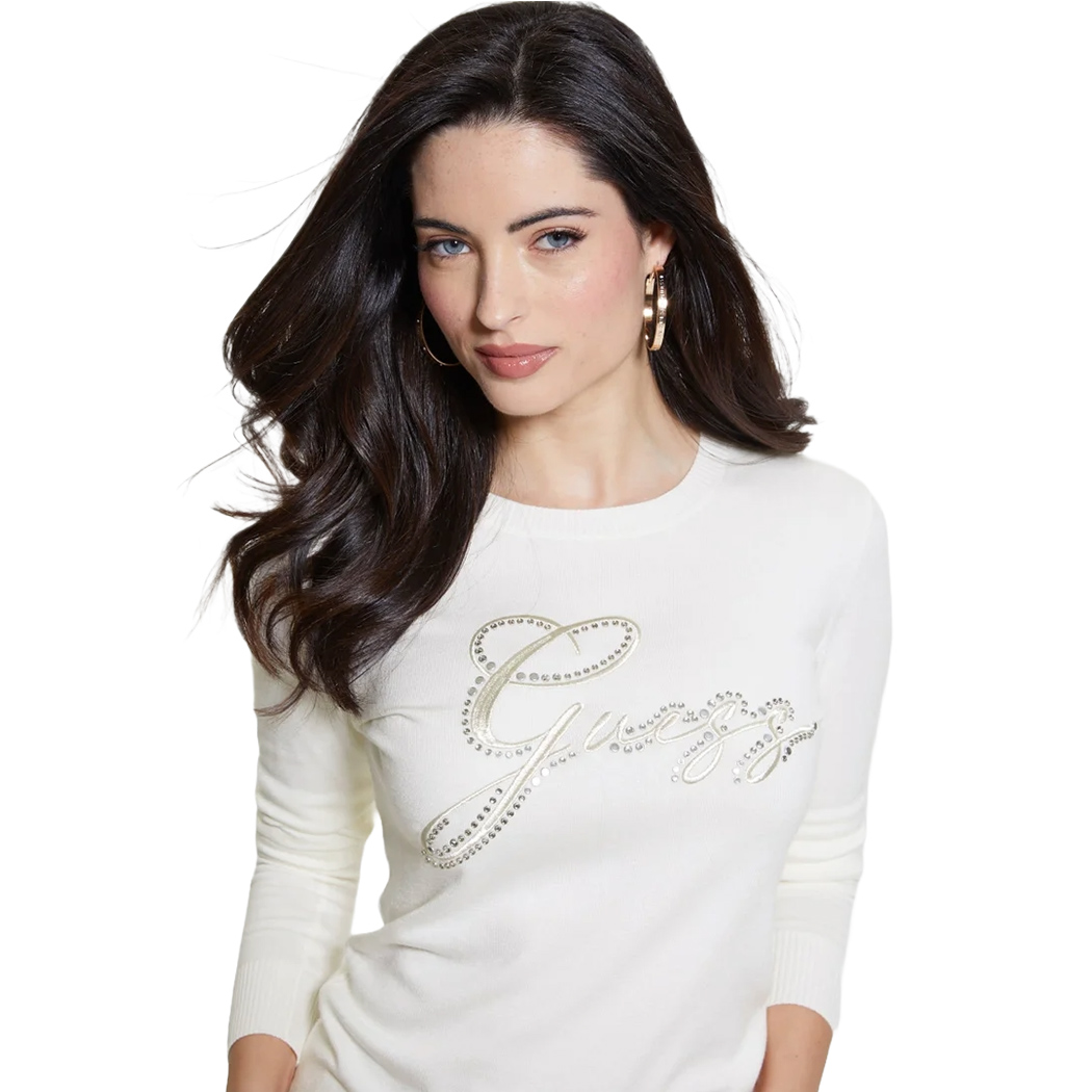 GUESS MAGLIA DONNA CON LOGO FRONTALE STRASS VISCOSA INVERNALE W4BR04Z2NQ2