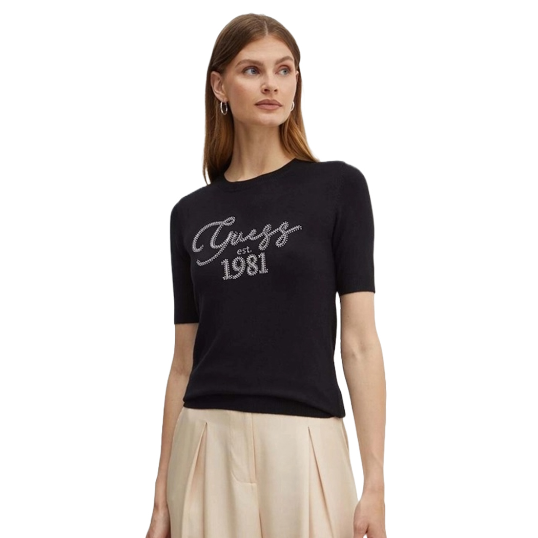 GUESS MAGLIA DONNA MANICA CORTA INVERNALE LOGO FRONTALE CON BORCHIE W4YR33Z2NQ2