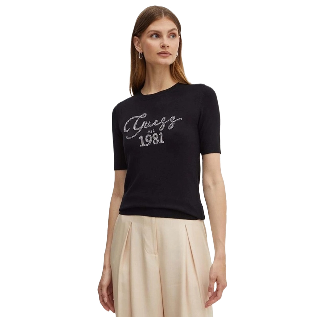 GUESS MAGLIA DONNA MANICA CORTA INVERNALE LOGO FRONTALE CON BORCHIE W4YR33Z2NQ2