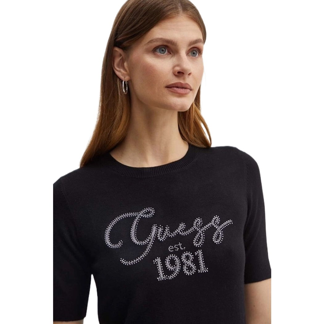 GUESS MAGLIA DONNA MANICA CORTA INVERNALE LOGO FRONTALE CON BORCHIE W4YR33Z2NQ2