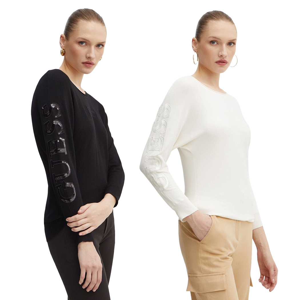 GUESS MAGLIA MAGLIONE DONNA MAEVE LOGO PAILLETTES VISCOSA INVERNALE W4YR34Z2NQ2