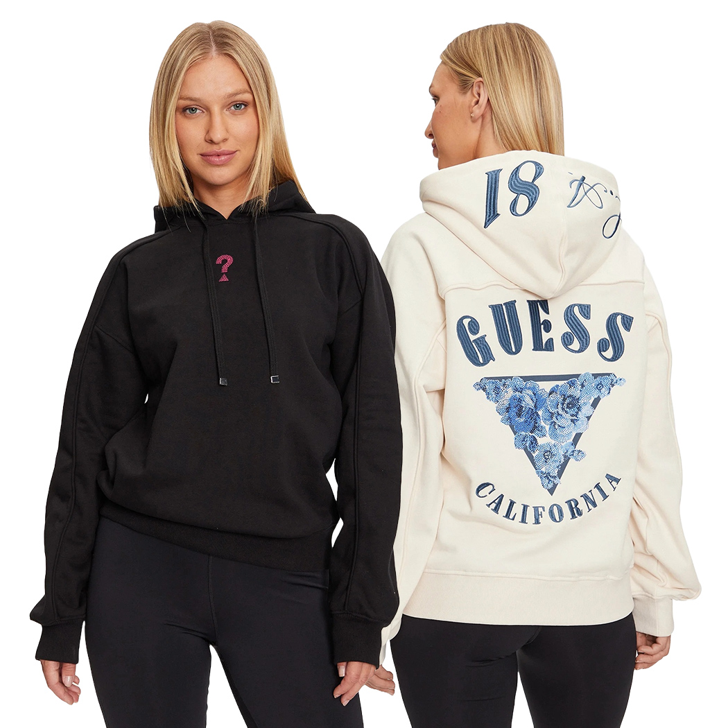 GUESS FELPA DONNA CAPPUCCIO INVERNALE APPLICAZIONI POSTERIORI STRASS W4BQ05KBY51