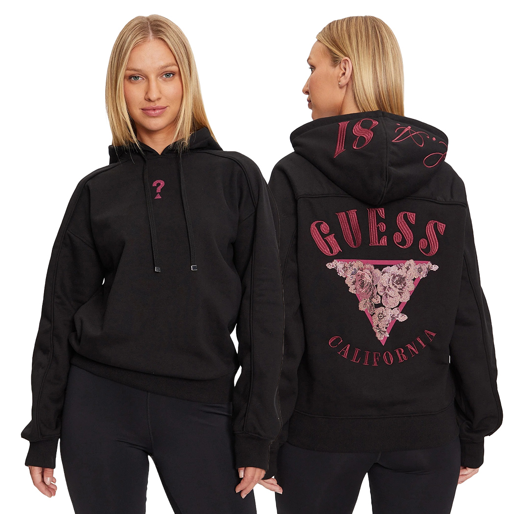 GUESS FELPA DONNA CAPPUCCIO INVERNALE APPLICAZIONI POSTERIORI STRASS W4BQ05KBY51