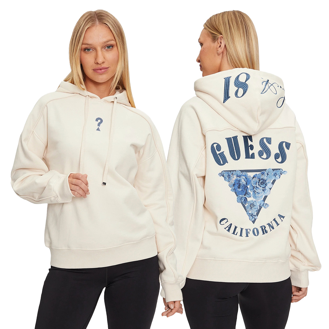 GUESS FELPA DONNA CAPPUCCIO INVERNALE APPLICAZIONI POSTERIORI STRASS W4BQ05KBY51