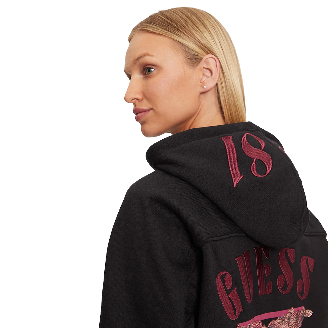 GUESS FELPA DONNA CAPPUCCIO INVERNALE APPLICAZIONI POSTERIORI STRASS W4BQ05KBY51