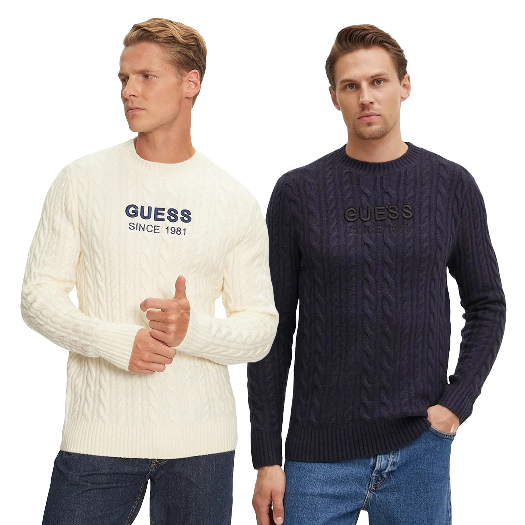 GUESS MAGLIA UOMO MAGLIONE TRECCE MISTO LANA PULLOVER LOGO FRONTALE M4BR11Z3HA2
