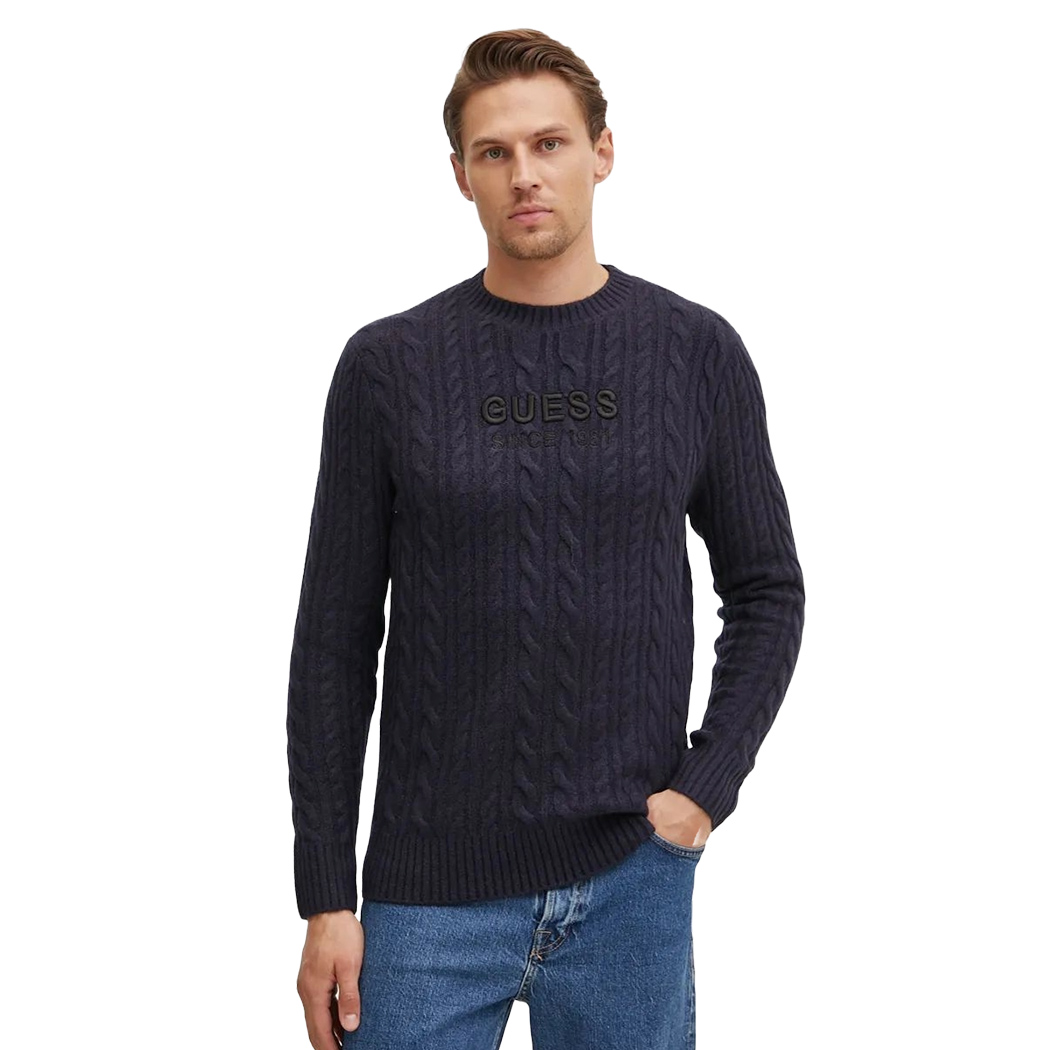 GUESS MAGLIA UOMO MAGLIONE TRECCE MISTO LANA PULLOVER LOGO FRONTALE M4BR11Z3HA2