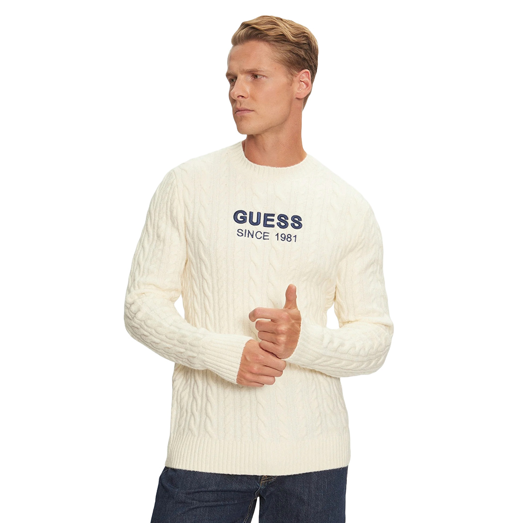 GUESS MAGLIA UOMO MAGLIONE TRECCE MISTO LANA PULLOVER LOGO FRONTALE M4BR11Z3HA2