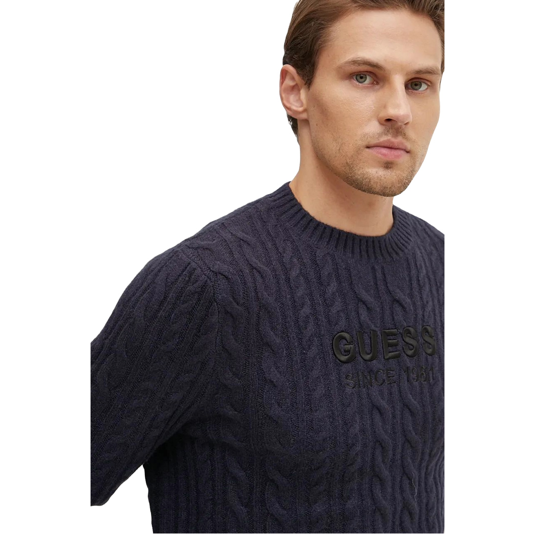 GUESS MAGLIA UOMO MAGLIONE TRECCE MISTO LANA PULLOVER LOGO FRONTALE M4BR11Z3HA2